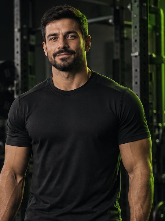 Retrato de Caio Ventura, personal fictício, sorrindo em uma academia. Imagem ilustrativa gerada por IA.
