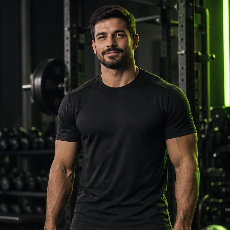 Caio Ventura, personal fictício, de camiseta e shorts pretos em uma academia com iluminação verde. Imagem ilustrativa gerada por IA.